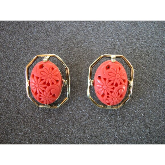 Selini Gold-Tone Bracelet & Earrings Red Coral Floral Design - Picture 4 of 4